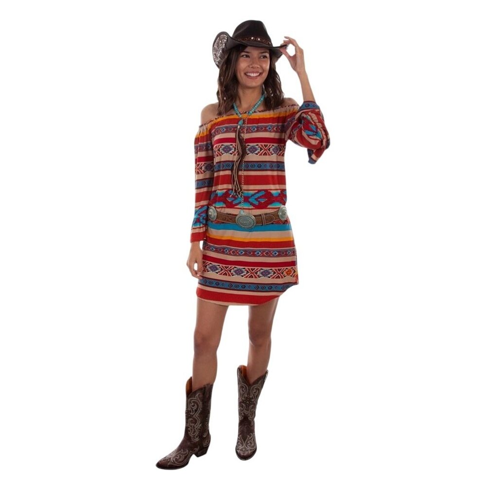SCULLY Serape Red Aztec Peasant Dress Women XS Long Sleeve Western DressViscose